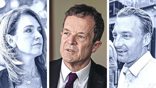 NSW Liberal politicians Kellie Sloane (left) and James Griffin (right) are said to be contenders for leader Mark Speakman’s job (centre).