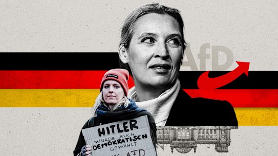 The AfD under Alice Weidel (right) has transformed Germany’s political landscape. The protester’s sign reads “Hitler was also democratically elected”.