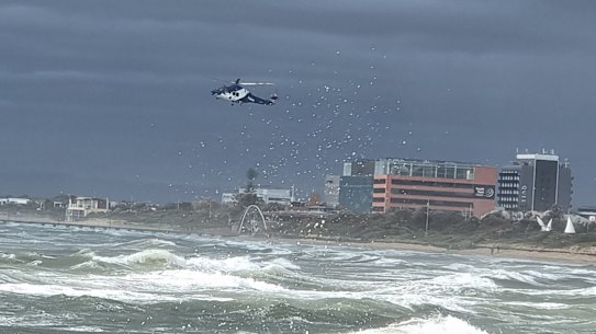 A police helicopter at Frankston beach on Wednesday afternoon.