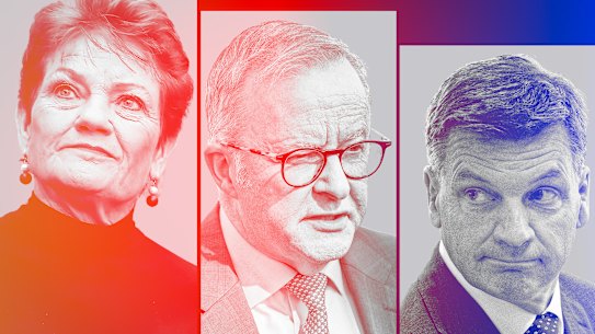 Diverging fortunes … Pauline Hanson, Anthony Albanese and Angus Taylor.
