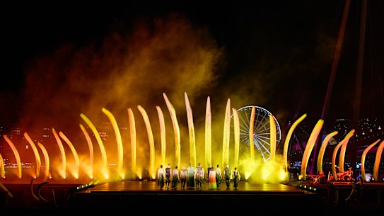 The massive “whalebone” set for Baleen Moondjan was reassembled in Murarrie and floated downriver to Queen’s Wharf. 