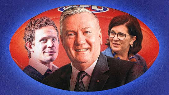 ¿Opciones para la Comisión AFL? Desde la izquierda: el ex jugador de St Kilda y Collingwood, Luke Ball, el ex presidente de Collingwood, Eddie McGuire, y la presidenta de North Melbourne, Sonja Hood.