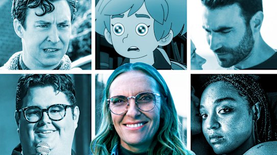 Clockwise: English Teacher, Haunted Hotel, All of You, Caleb Hearon: Model Comedian, Wayward, Watching You.