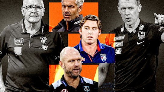 Coaches Chris Fagan (left) and Craig McRae (right) with assistants Daniel Giansiracusa, Daniel Pratt and Chad Cornes.