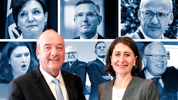 A wild ride: former premier Gladys Berejiklian and her ex-partner Daryl Maguire, centre. Clockwise from top left, short-lived Labor leader Jodi McKay, former premier Dominc Perrottet, ex-Labor leader Luke Foley, 90-minute upper house speaker Natasha Maclaren-Jones, Fred Nile with Alex Greenwhich, and jailed former Liberal MP Gareth Ward.  