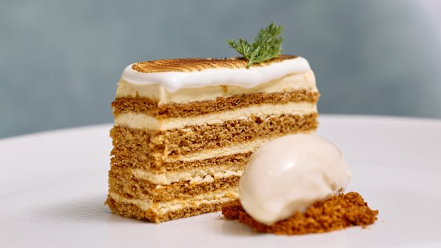 Urban honey cake with caramelised cream and croissant ice cream streusel.