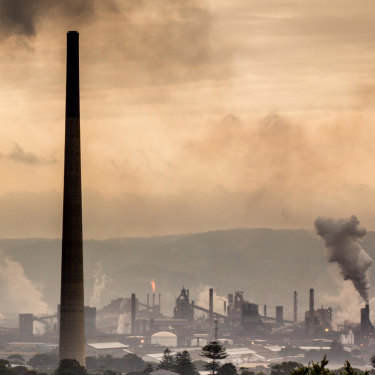 Chimney stacks and smoke in Port Kembla in NSW.