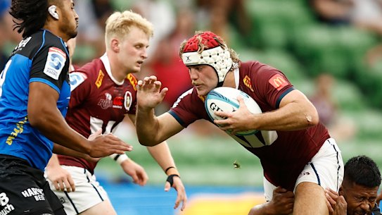 Fraser McReight making metres for the Queensland Reds against Western Force.
