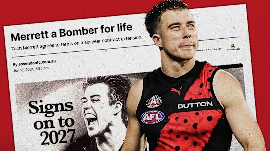 Essendon captain Zach Merrett signed a six-year contract extension in 2021. In 2025, he asked to be traded to Hawthorn with two years remaining on his contract.
