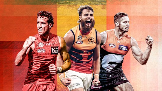 Gold Coast’s Ben King, Adelaide’s Riley Thilthorpe and Jesse Hogan, of GWS, are leading the race for the 2025 Coleman Medal.