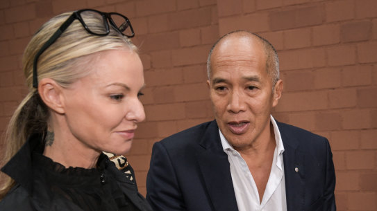 Neurosurgeon Charlie Teo and his partner Traci Griffiths outside the hearing this week.