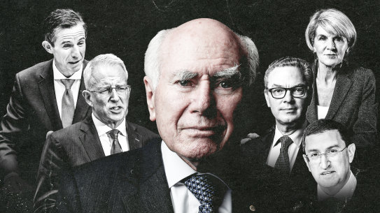 John Howard, centre, understood the need for a Liberal “broad church”. Departing, departed and sidelined liberals of the party: left, Simon Birmingham and Paul Fletcher; right, Julie Bishop, Christopher Pyne and Julian Leeser.