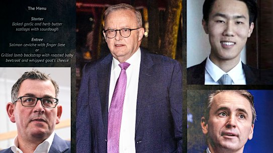 Anthony Albanese, Felix Lee, CBA chef Matt Comyn, dinner menu and Daniel Andrews.