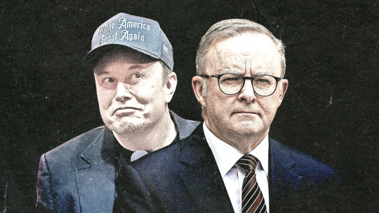 Elon Mush and Prime Minister Anthony Albanese.