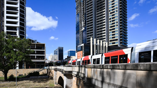 The light rail winds through the Parramatta CBD.