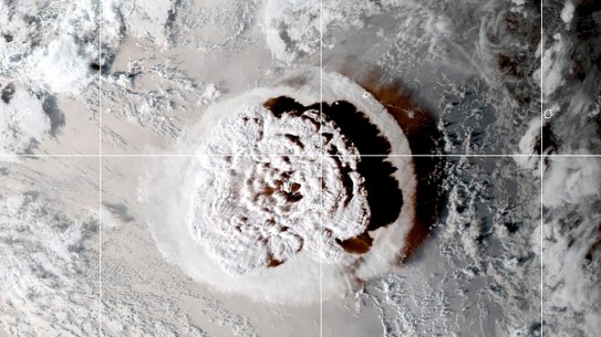 A satellite image of the volcanic eruption.
