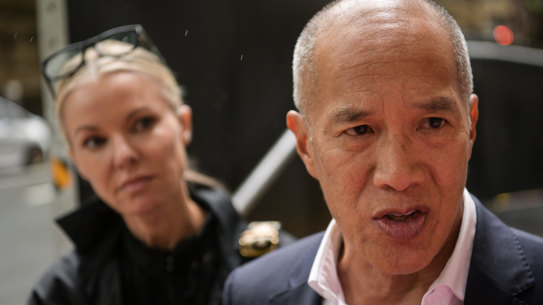 NEWS: Neurosurgeon Charlie Teo and his partner Traci Griffiths depart after his disciplinary hearing. Photo: Wolter Peeters 14th February 2023 The Sydney Morning Herald. 