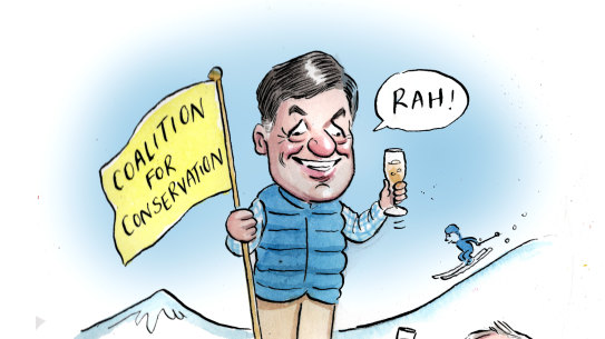 Federal Energy Minister Angus Taylor with Coalition for Conservation directors Nick Greiner and Malcolm Turnbull.