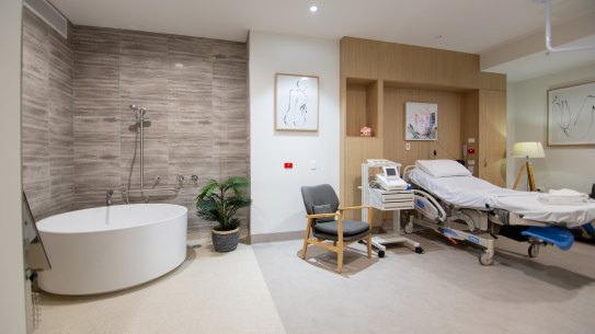 One of Gosford Private Hospital’s luxury birthing suites. 
