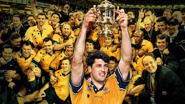 The Wallabies following their victory over France in the 1999, Inset Captain John Eales Raises The William Webb Ellis Trophy. 