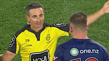 Referee Gerard Sutton and Warriors prop Jackson Ford arguing.