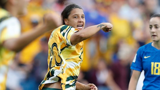 Sam Kerr celebrates one of Australia's goals in the 2019 World Cup match against Brazil.