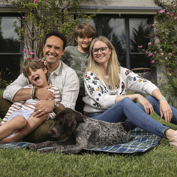 Massimo and Millie Di Maio with their children, Leo and Luca and their dog, Tilly, at their rural property in Jembaicumbene, near Braidwood.