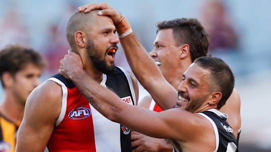 MELBOURNE, AUSTRALIA - APRIL 08: Paddy Ryder (left) and Ben Long of the Saints celebrate during the 2022 AFL Round 04 match between the Hawthorn Hawks and the St Kilda Saints at the Melbourne Cricket Ground on April 08, 2022 In Melbourne, Australia. (Photo by Michael Willson/AFL Photos via Getty Images)
