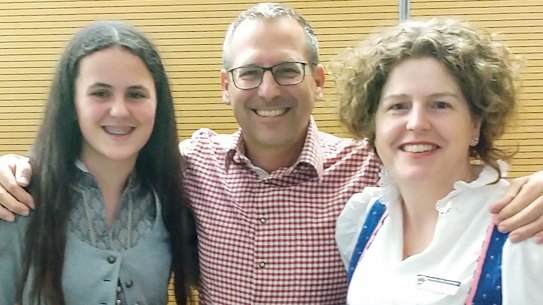 Alison Ciolli, Martin Lehrer, Katrina Ciolli from Bright P-12 College in traditional German dress.