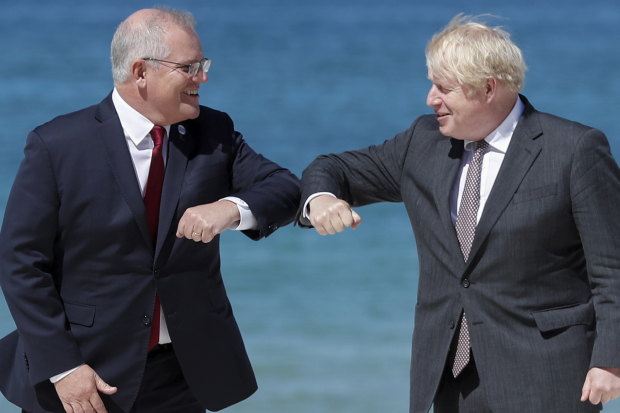 Touching base: Prime Minister Scott Morrison and British Prime Minister Boris Johnson in Cornwall for the G7 summit.