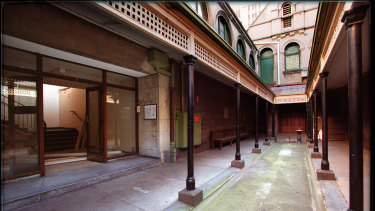 The courtyard of the Russell Street complex, with the staircase to courts 10 and 11 on the left through the glass doors. It was here that the death of Ray Chuck unfolded.
