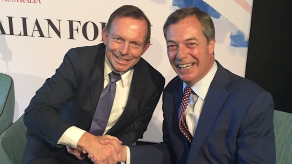 Nigel Farage and Tony Abbott in Sydney earlier this month.