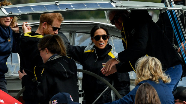 The Duchess and Duke of Sussex sail on Sydney Harbour during the Invictus Games.