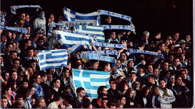 South Melbourne fans with Greek flags at the an Ericsson Cup grand final against Carlton at Olympic Park. 