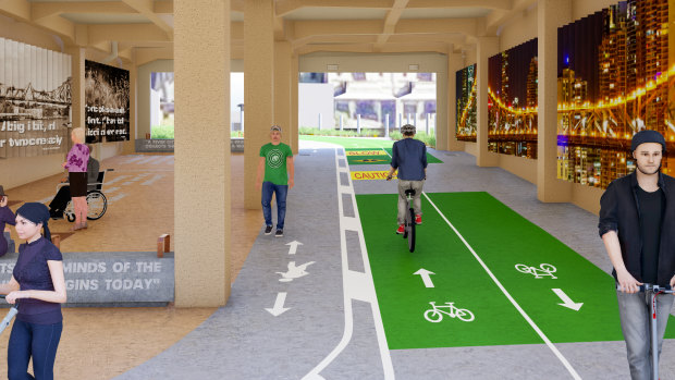 The walkway under the Story Bridge will include cycling, walking and scooting tracks and images from the bridge, which opened in July 1940.