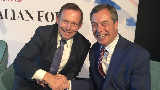 Nigel Farage and Tony Abbott in Sydney earlier this month.