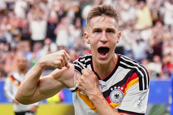Germany’s Nico Schlotterbeck celebrates after scoring his side’s second goal.