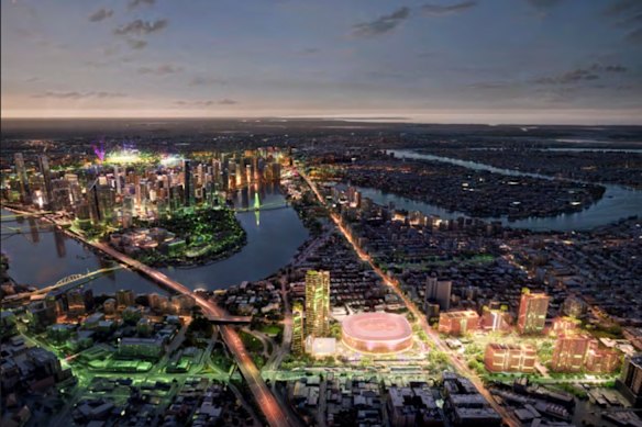An indicative vision of the planned post-2032 Gabba entertainment precinct, including its 17,000-seat indoor arena.