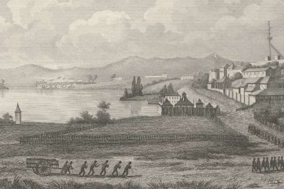 An 1854 engraving of the penal establishment at Port Arthur, with Point Puer visible in the distance.