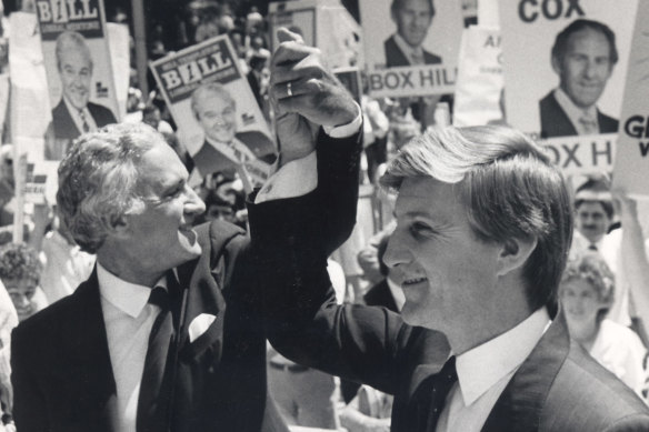 Andrew Peacock and Jeff Kennett on the campaign trail, May 15, 1985.