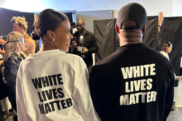 Kanye West wears a ‘White Lives Matter’ T-shirt alongside Candace Owens at Paris Fashion Week.