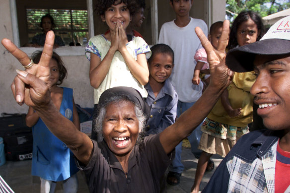 An ecstatic reaction to the result of East Timor’s referendum in which 78% of voters favoured independence.