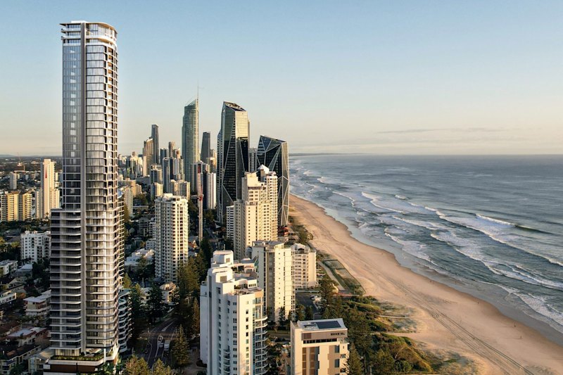 A render image of the site (left), which has received development approval to be a 46-storey residential tower.