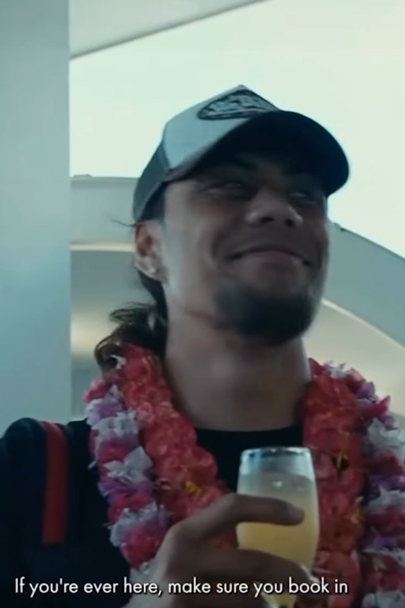 Jarome Luai enjoys a drink on arrival at the Taumeasina Island Resort in Apia, Samoa.