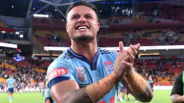 Spencer Leniu celebrates the Blues’ game one victory.