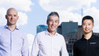 HammerTech co-founders James Harris and Ben Leach, with Eric Ma from Riverwood, pictured in Melbourne. 