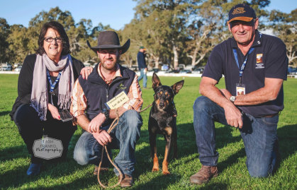 Nothing to sniff at: Casterton Kelpie Association president Karen Stephens, vendor Christian Peacock and Working Dog Auction Chairman John Matthews with kelpie Glencairn Seven, which sold for a world record $22,200.