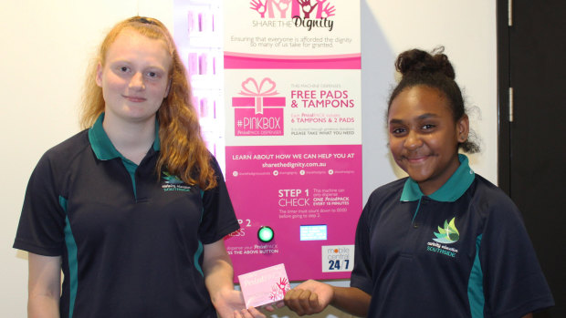 Carinity Education Southside students Skyie and Neavu with Share the Dignity Pinkbox