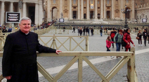 Father Glen Walsh in St Peters Square at the Vatican before his meeting with Pope Francis in 2016. 