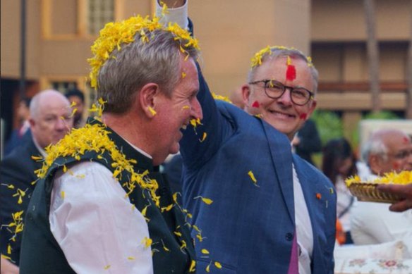 Former high commissioner to India, Barry O’Farrell fell in love with the nation’s economic potential. Here he is pictured with Prime Minister Anthony Albanese during a Holi celebration in Ahmedabad earlier this year.